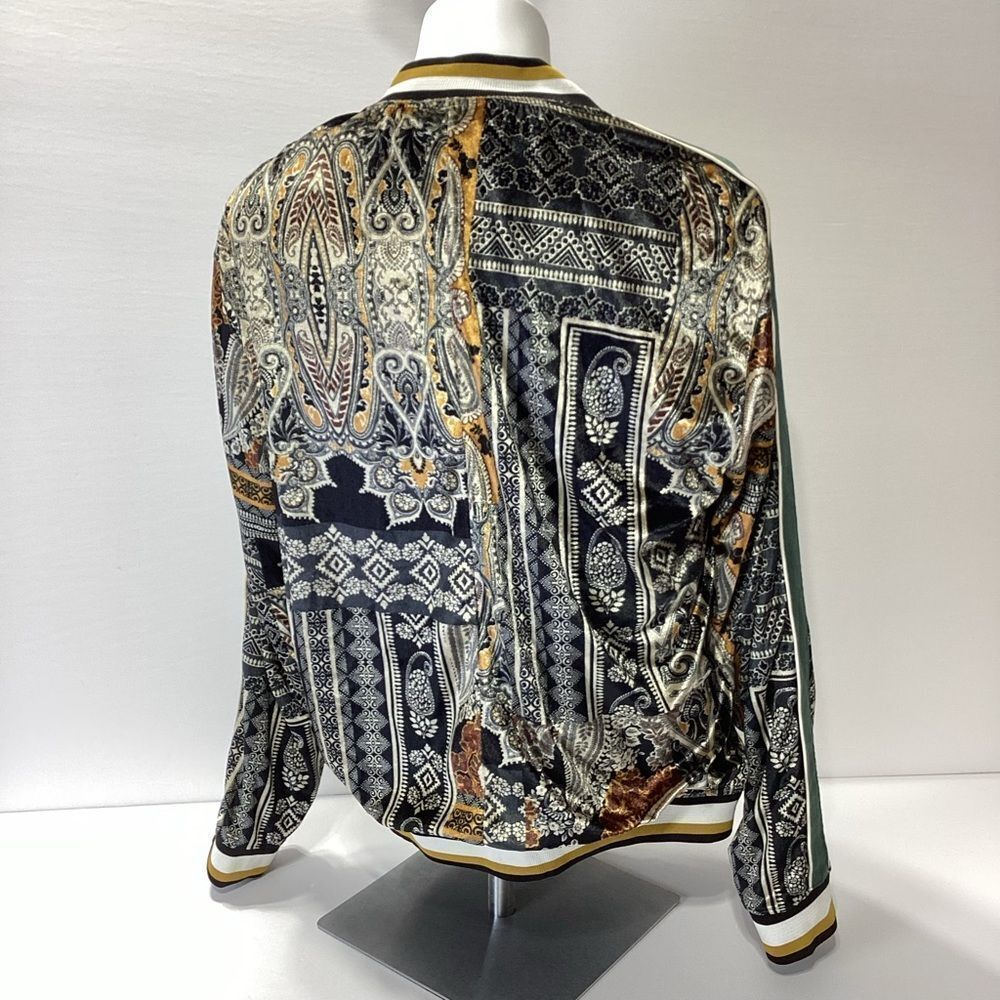Zara Velour Bomber Track Jacket Size L Green Gold Paisley Stripe Velvet 80s - Picture 3 of 11